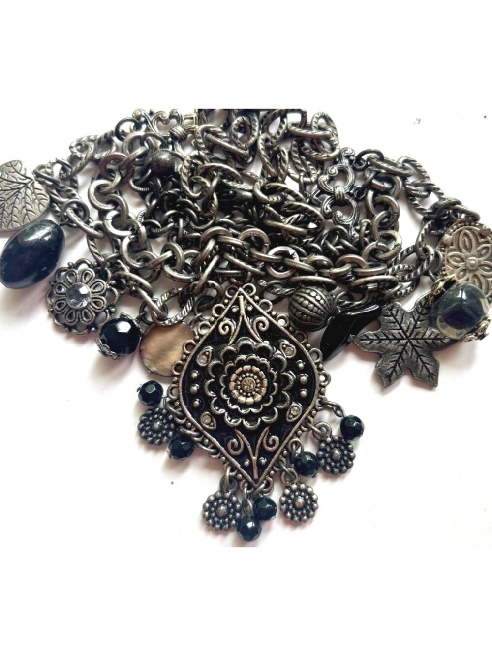 Vintage Silver Tone Statement Chunky Multi Chain Charm Necklace Y2K Whimsigoth